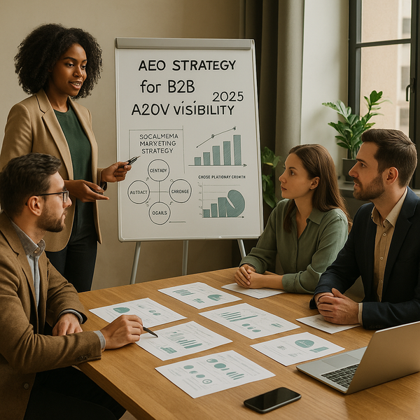 B2B marketing team reviewing an AEO strategy dashboard for answer engine visibility in 2026