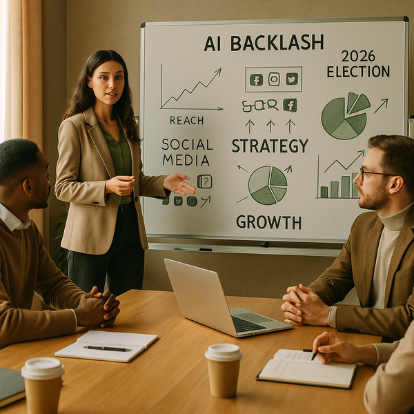 Schermata di analytics social a tema elezioni con avvisi sui contenuti AI e trend di sentiment del pubblico