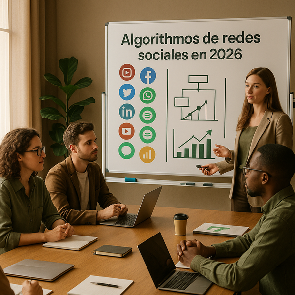 Panel con señales de ranking de algoritmos de redes sociales en 2026 en varias plataformas