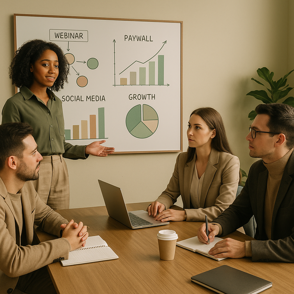 Beehiiv creator tools on a laptop screen with webinar and paywall concepts