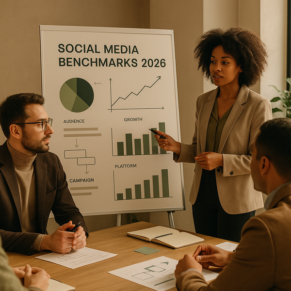 Equipe analisando benchmarks de redes sociais em 2026 em um painel para melhorar a performance de marketing