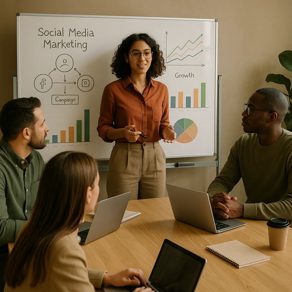 Equipo revisando benchmarks de redes sociales 2026 en un panel para mejorar el rendimiento de marketing