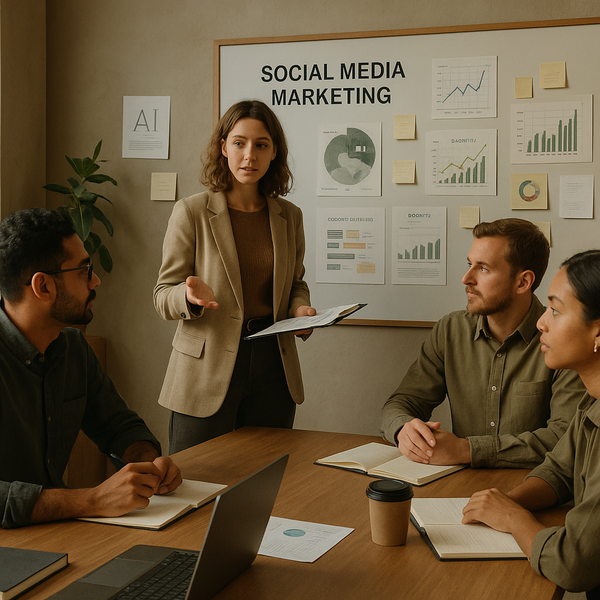 Un feed móvil de redes sociales con indicaciones de IA y conceptos de interfaz centrados en el bienestar