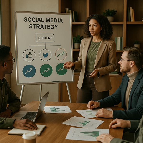 Team planning a social media marketing strategy around roles, costs, and workflows in a modern office