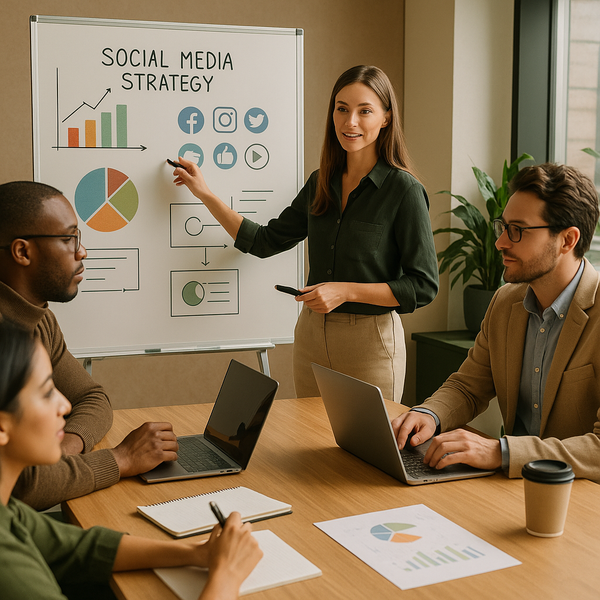Social media team planning roles, workflows, and budget for a 2026 marketing strategy.
