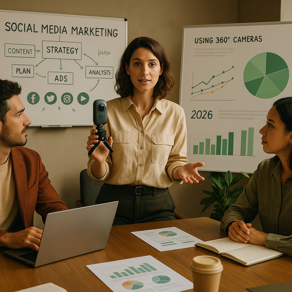 Una cámara 360 capturando contenido espacial inmersivo para una estrategia de marketing en redes sociales.