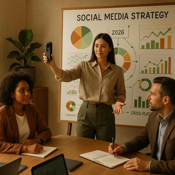 Câmera 360° capturando conteúdo imersivo para redes sociais em um estúdio moderno