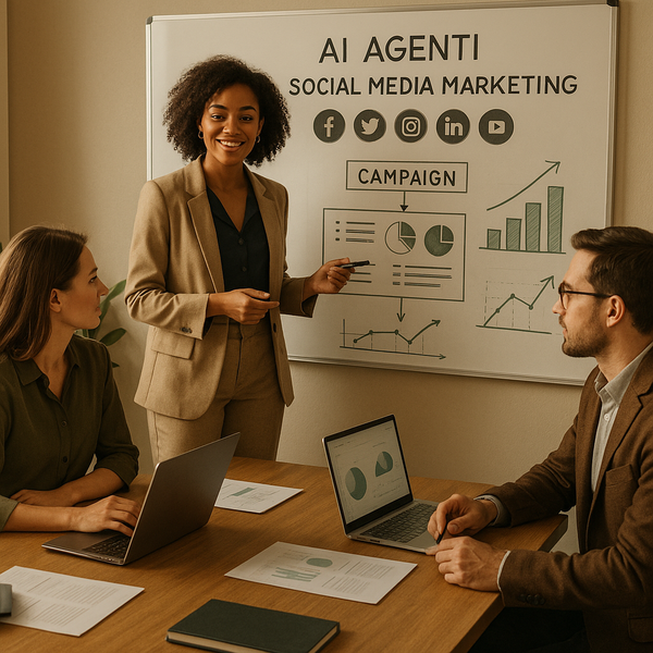 Team che pianifica un workflow di social media marketing con AI su una dashboard
