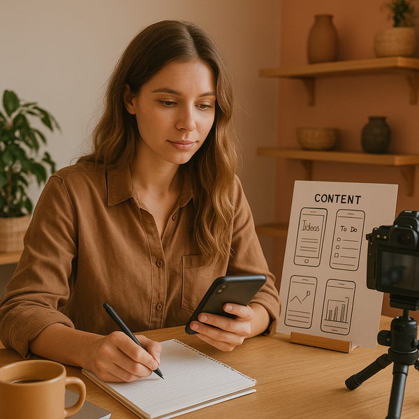 Creator che analizza Instagram analytics e opzioni di monetizzazione su laptop e smartphone