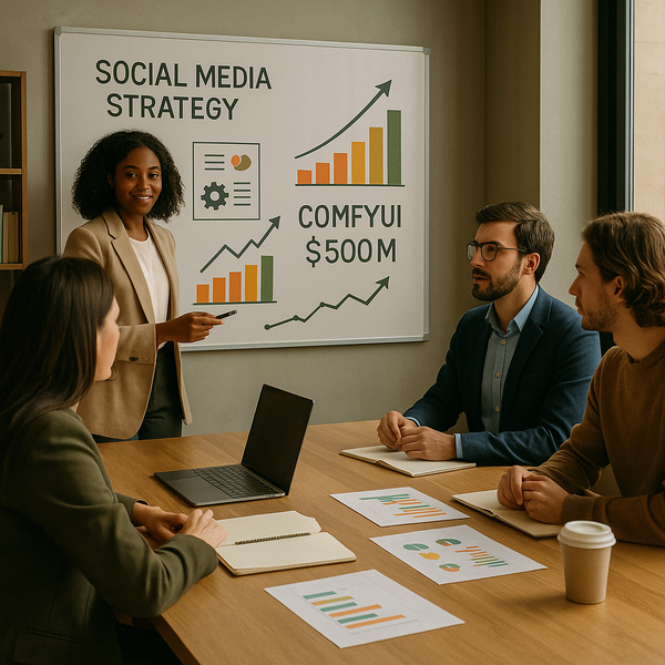 Créateurs utilisant un workflow d’images IA basé sur des nœuds dans un studio de contenu moderne