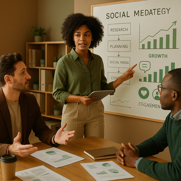 Ilustración de agentes de IA asistiendo a gestores de redes sociales