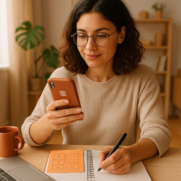 Creador revisando analíticas de Instagram y opciones de monetización en un portátil y un teléfono