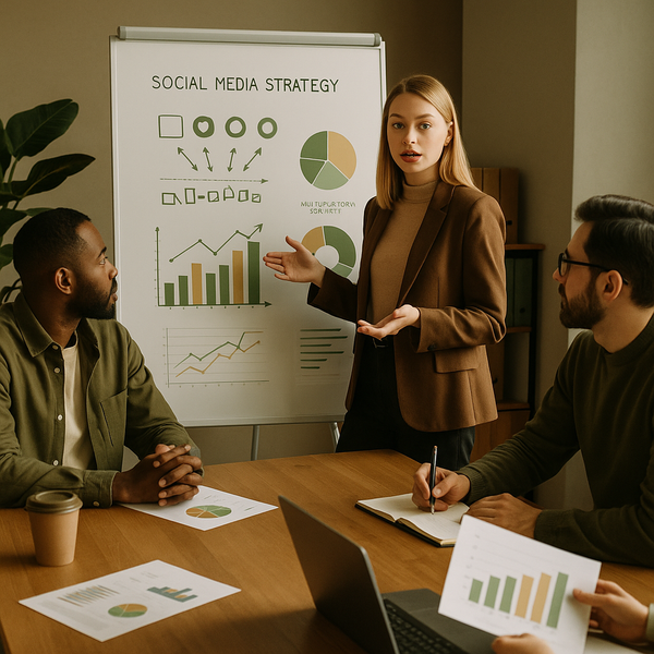 Equipe analisando desempenho de redes sociais em um painel