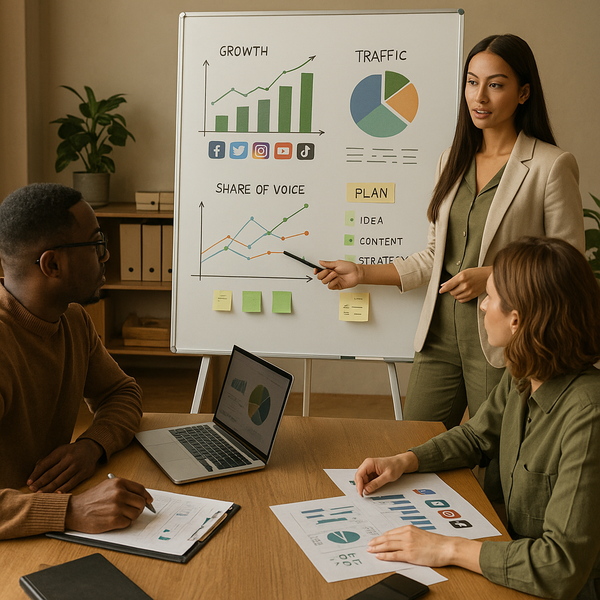 Equipo analizando rendimiento en redes sociales en un dashboard