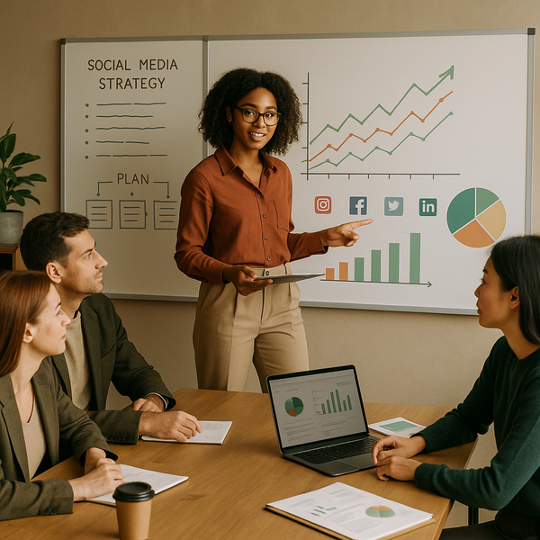 Membros da equipe colaborando ao redor de um laptop com ícones de redes sociais