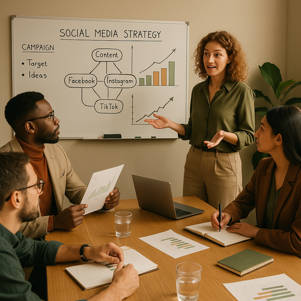 Equipo de especialistas en redes sociales colaborando alrededor de una pantalla