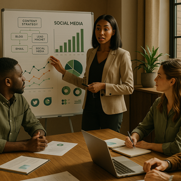 Team che pianifica i content pillar per i social media su una lavagna strategica con idee di contenuto e note di campagna.