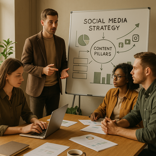 Team che pianifica i content pillar social su una lavagna strategica