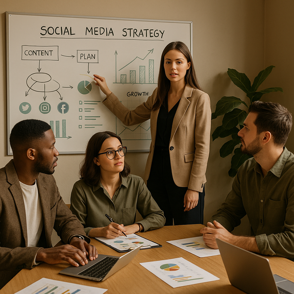 Team che pianifica una strategia social media marketing su ruoli, costi e workflow in un ufficio moderno