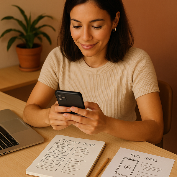 Un creador revisando su plan de crecimiento en Instagram sobre cuaderno y portátil