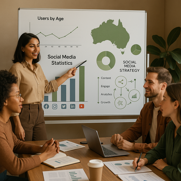Panel de analítica mostrando demografías de redes sociales en Australia 2026