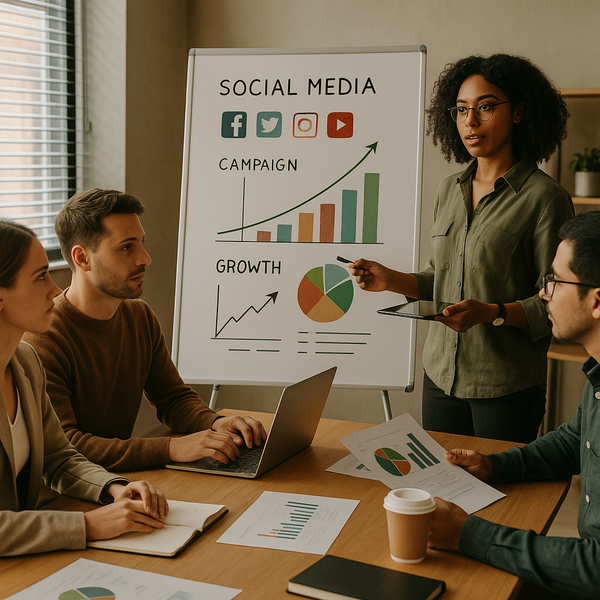 Equipo de redes sociales planificando roles, flujos de trabajo y presupuesto para una estrategia de marketing en 2026.