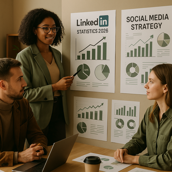 Especialista en marketing de redes sociales analizando estadísticas de LinkedIn 2026 en un panel