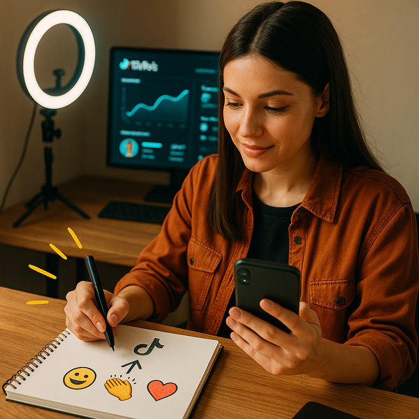 Creador de TikTok usando emoji codes en captions y comentarios para mejorar el engagement y la visibilidad