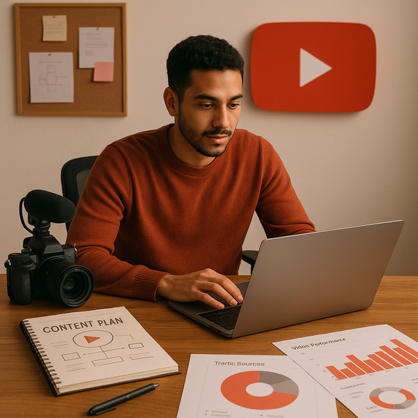 Estratégia de crescimento no YouTube planejada em um laptop com dashboard do April Demand Gen Drop