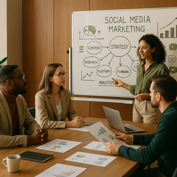 Equipe gerenciando mensagens e interações em redes sociais em várias plataformas