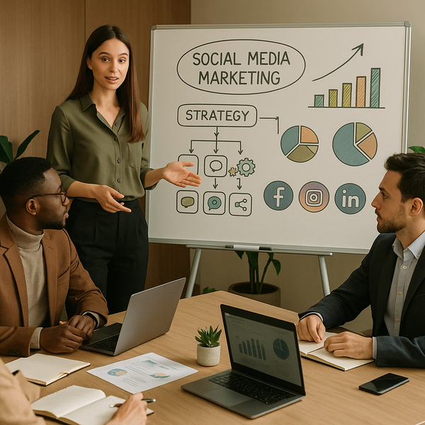 Estrategia de optimización para motores de respuesta B2B con planificación de contenido en redes sociales en una pantalla de portátil