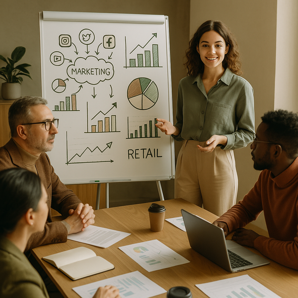 Equipo de retail planificando una estrategia de marketing en redes sociales con contenido de creadores y storytelling de producto en un portátil