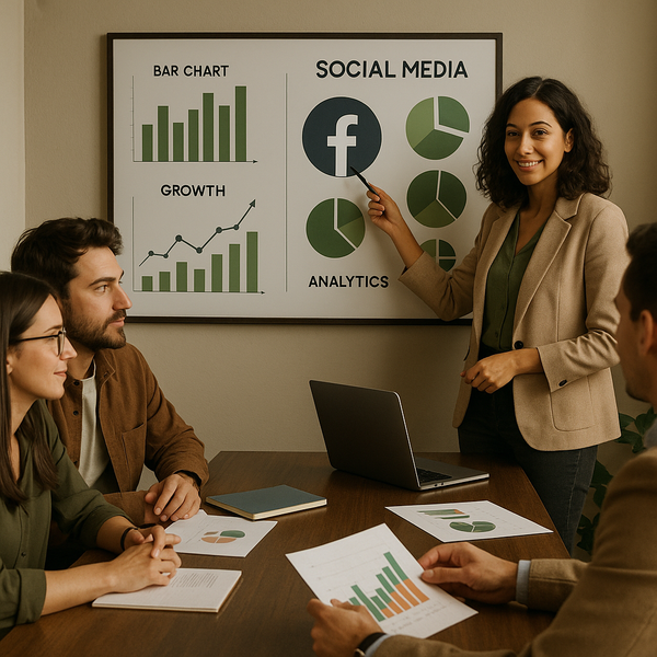 Painel com gráficos de analytics do Facebook e métricas de desempenho de campanhas