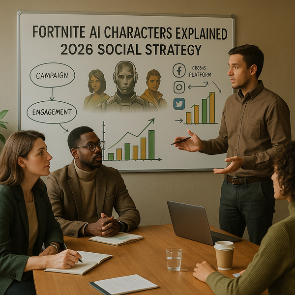 Fortnite-style AI character interface illustrating social media marketing strategy insights