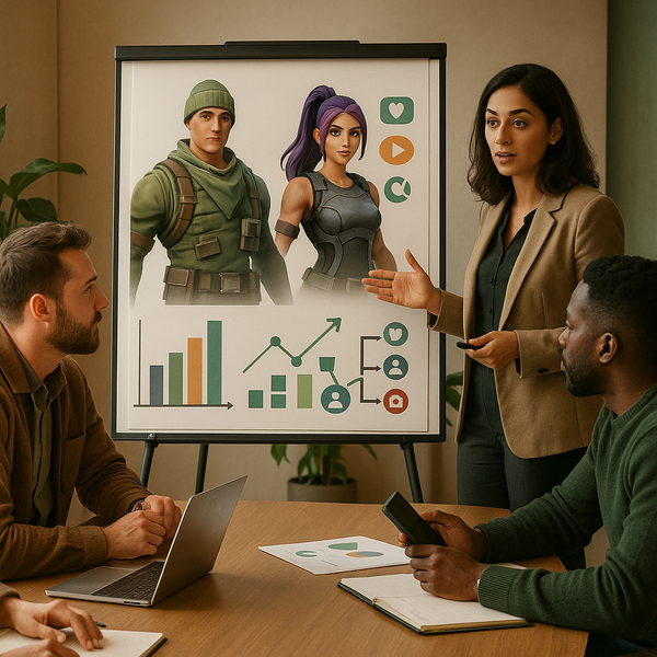 Fortnite tarzı AI karakter konseptiyle etkileşimli sosyal medya pazarlama stratejisi görseli