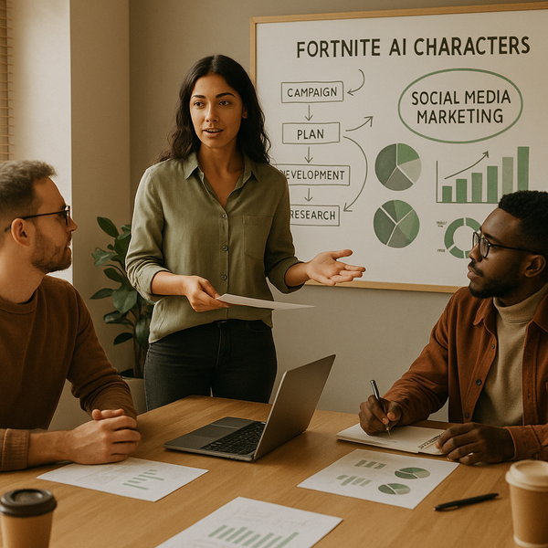 Concetto di personaggio AI in stile Fortnite con interfaccia chat e strumenti per creator