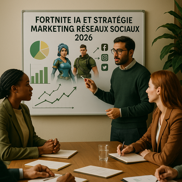 Concept de personnage IA à la manière de Fortnite pour illustrer une stratégie marketing réseaux sociaux interactive