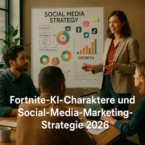Konzept zu Fortnite-KI-Charakteren mit Notizen zur Social-Media-Marketing-Strategie auf einem digitalen Dashboard