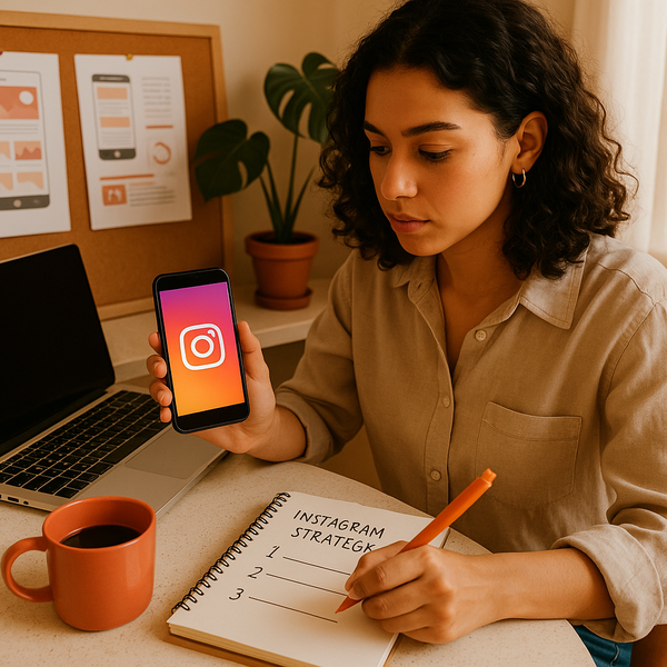 Créateur consultant les statistiques Instagram et les options de monétisation sur un ordinateur portable et un smartphone