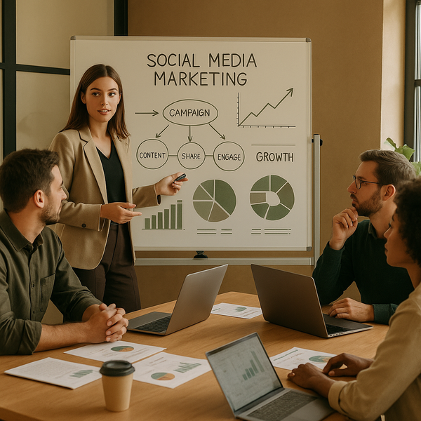 Marketing-Team analysiert GEO-KPIs in einem Dashboard