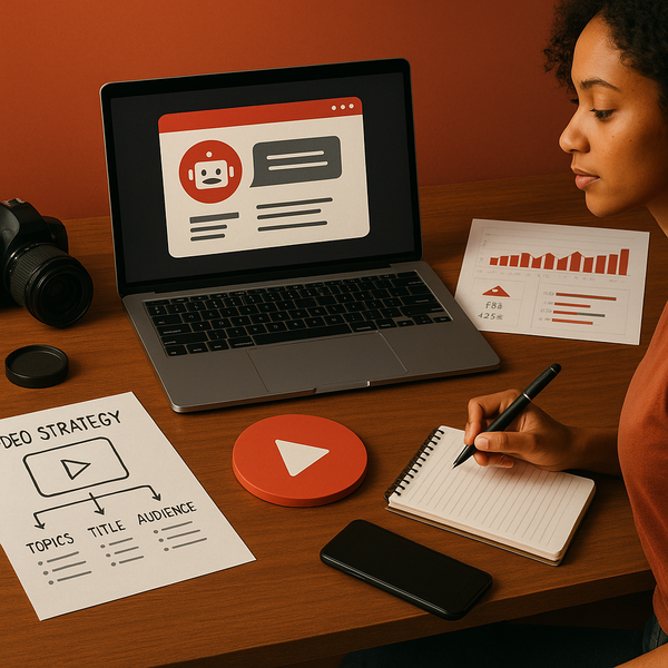 Ilustración de un chatbot de IA interactuando con resultados de búsqueda de YouTube en una pantalla