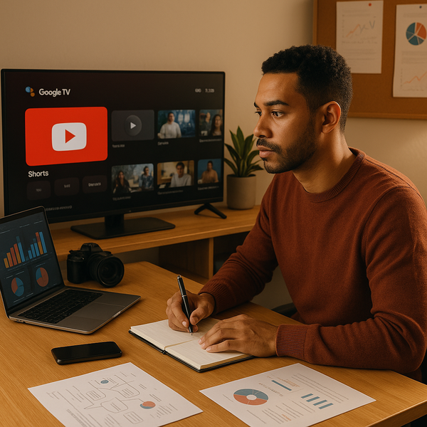 Google TV zeigt eine YouTube Shorts-Spalte auf einem Wohnzimmerbildschirm