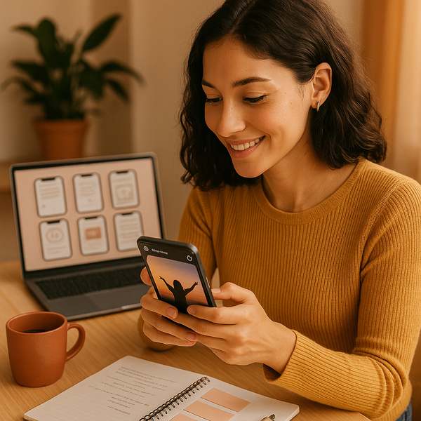 Tela de celular com métricas de Instagram Stories e engajamento