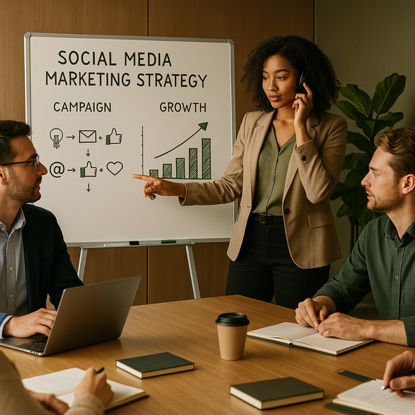 Team planning an AI-powered social media marketing workflow on a dashboard