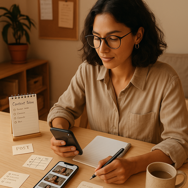 Maker analyseert Instagram-algoritmesignalen en contentprestaties op een laptop.