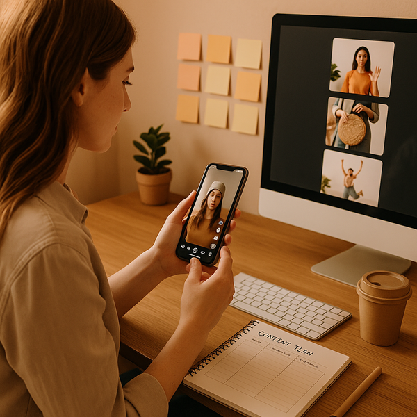 Instagram app interface and growth strategy notes on a desk