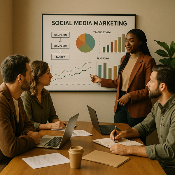 Illustrazione in stile dashboard dei KPI GEO per una strategia social media marketing