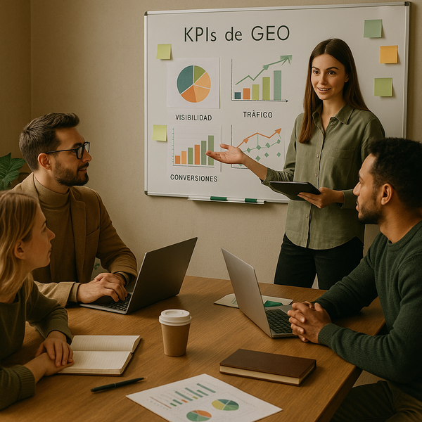 Ilustración tipo dashboard con KPIs de GEO para una estrategia de marketing en redes sociales