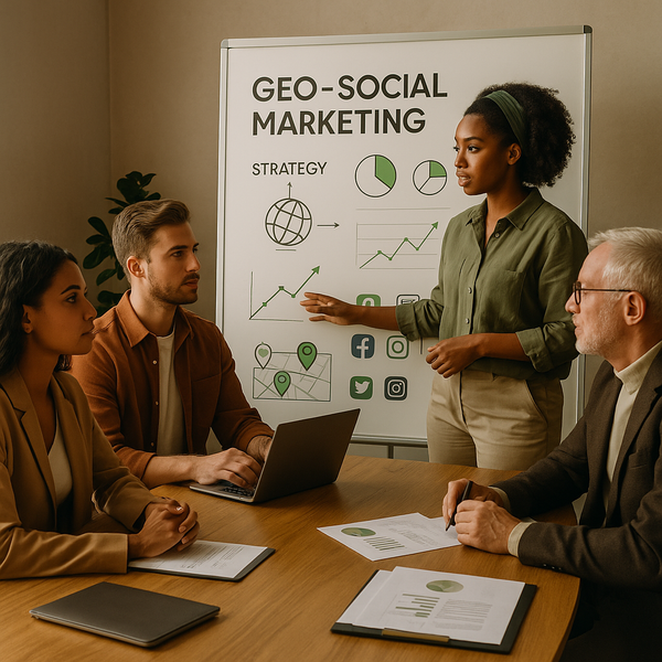 Ilustração em estilo dashboard com KPIs de GEO para uma estratégia de marketing em redes sociais