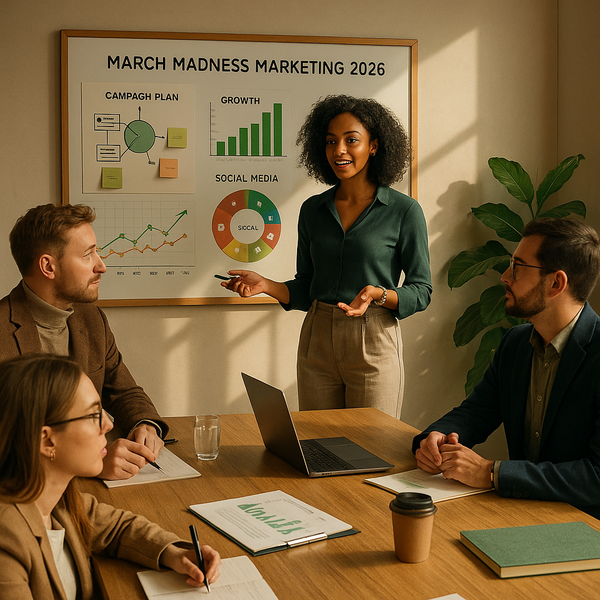 Marketing-Team plant eine March-Madness-Social-Media-Kampagne am Laptop mit Basketball-Visuals